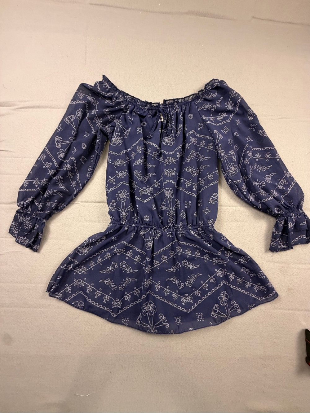 Vine and Valley Off-Shoulder Navy Blue Printed Romper with Elastic Waist
